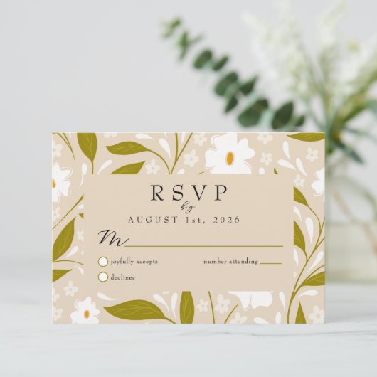 Olive Green Boho Floral Wedding RSVP Response Card (Staand voorkant)