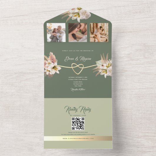 Olive Green Boho Fotobruiloft All In One Uitnodiging (Binnen)