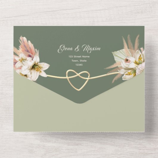 Olive Green Boho Fotobruiloft All In One Uitnodiging (Achterkant)