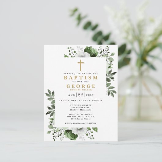 Olive Green Botanical Modern Doop Uitnodiging (Staand voorkant)