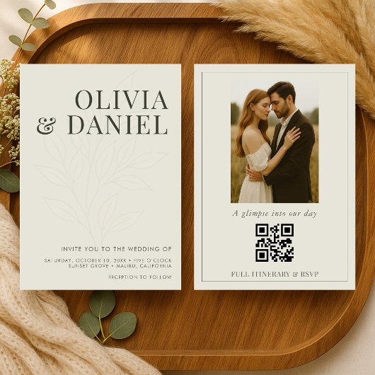 Olive Green Botanical Photo QR Code Wedding Kaart