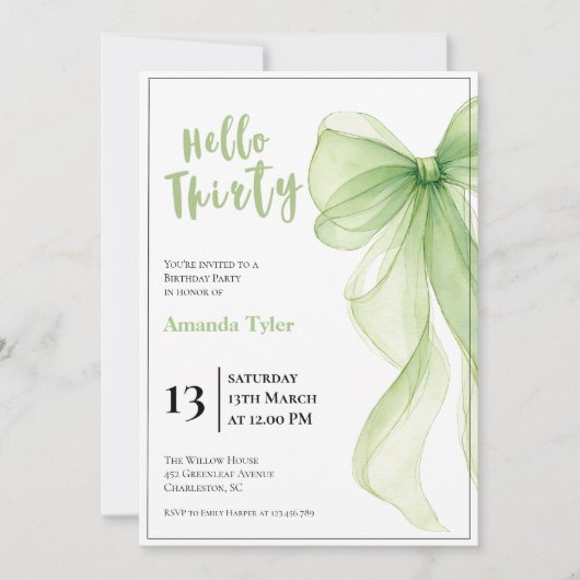 Olive Green Bow 30th Birthday Invitation Kaart (Voorkant)