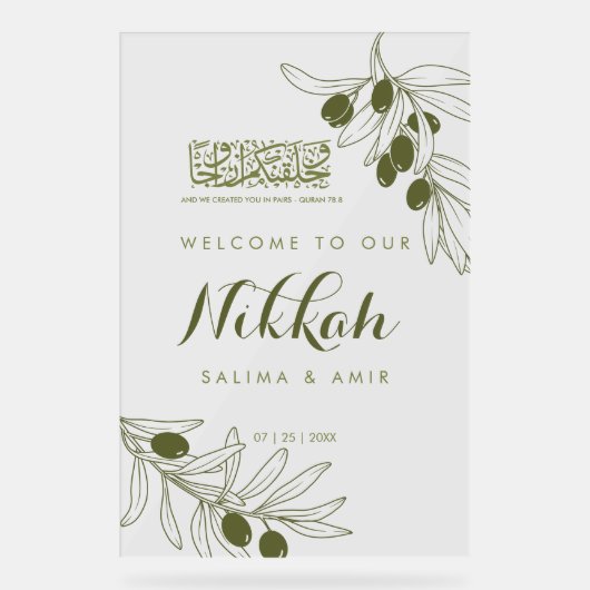 Olive Green Branches Nikkah Acrylic Sign Acryl Bord (Voorkant)