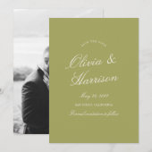 Olive Green Calligraphy Wedding Save The Date Card Kaart (Voorkant / Achterkant)