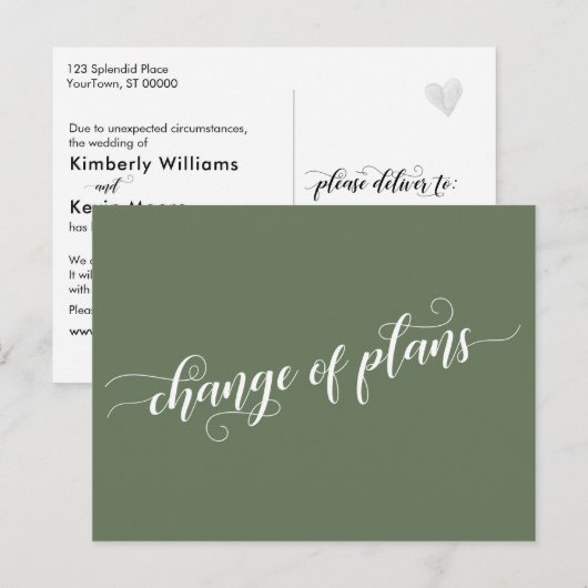 Olive Green Change of Plans Postponed Wedding Briefkaart (Voorkant / Achterkant)