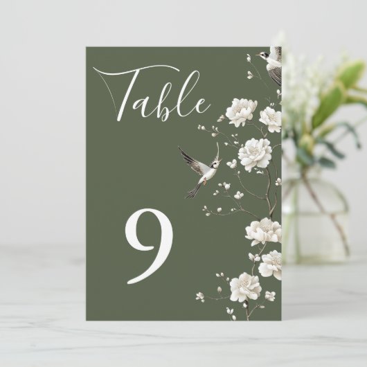Olive Green Chinoiserie Bloemen Tafelnummers (Staand voorkant)