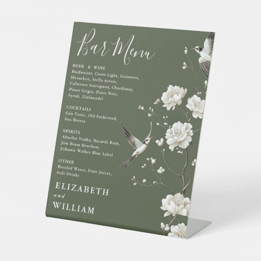 Olive Green Chinoiserie Bloemenbar Menu Trouwen Reclamebord Met Voetstuk (Voorkant)