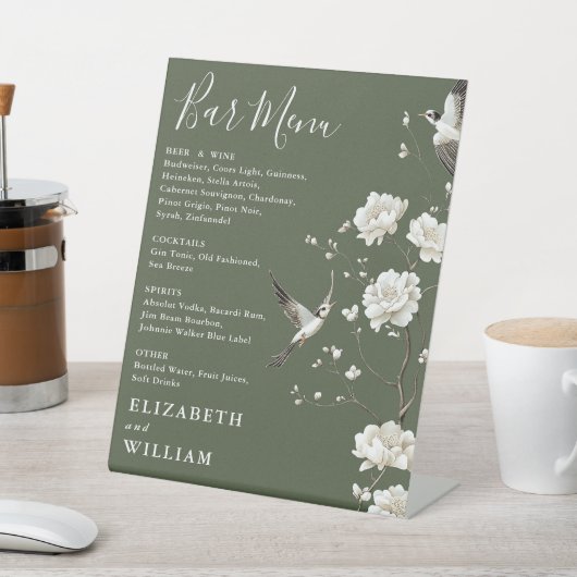 Olive Green Chinoiserie Bloemenbar Menu Trouwen Reclamebord Met Voetstuk (Insitu)
