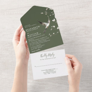 Olive Green Chinoiserie Bloementuin Trouwen All In One Uitnodiging