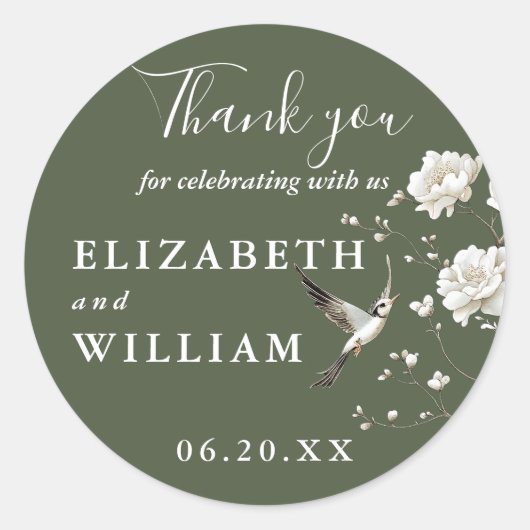 Olive Green Chinoiserie Floral Wedding Bedankt Ronde Sticker (Voorkant)