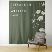 Olive Green Chinoiserie Huwelijksfoto Achtergrond Wandkleed (In situ)