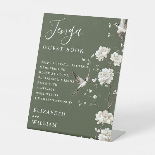 Olive Green Chinoiserie Jenga Guest Book Trouwen Reclamebord Met Voetstuk (Voorkant)