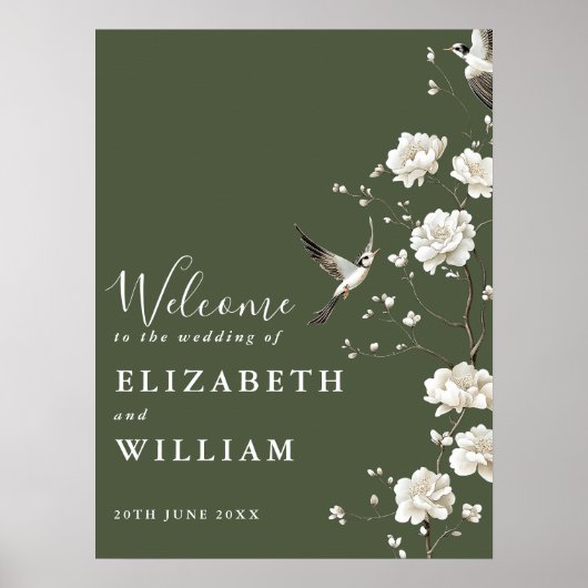 Olive Green Chinoiserie Wedding Welkomstbord Poster (Voorkant)