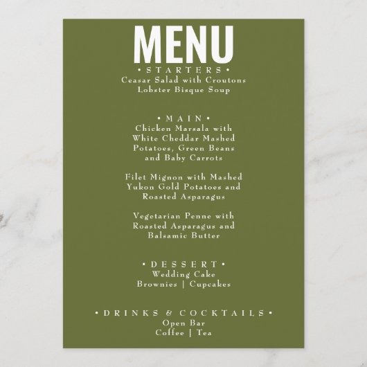 Olive Green Classy Bright Whimsical Wedding Menu (Voorkant)
