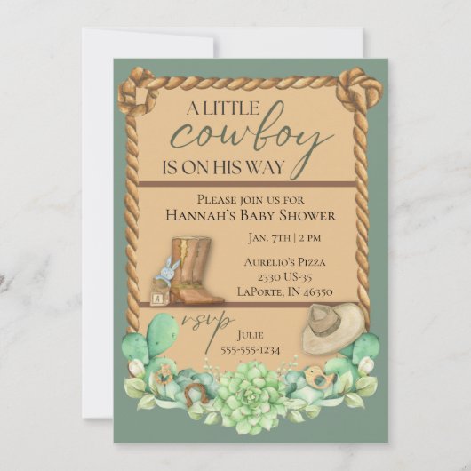 Olive Green Cowboy Western Baby shower Invitation Kaart (Voorkant)