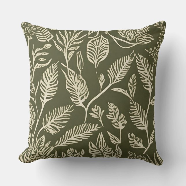 Olive Green Cream Botanische Textiel Stamp Kussen (Voorkant)