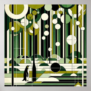 Olive Green Cream Geometrische Pinguïn Forest Retr Poster
