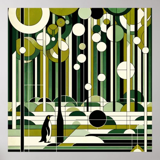Olive Green Cream Geometrische Pinguïn Forest Retr Poster (Voorkant)