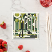 Olive Green Cream Geometrische Pinguïn Forest Retr Servet (Insitu)