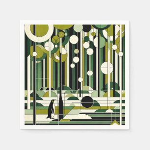 Olive Green Cream Geometrische Pinguïn Forest Retr Servet