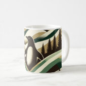 Olive Green Cream Retro Art Deco Waves Pinguïn Koffiemok (Voorkant rechts)