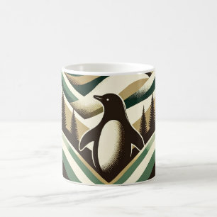 Olive Green Cream Retro Art Deco Waves Pinguïn Koffiemok