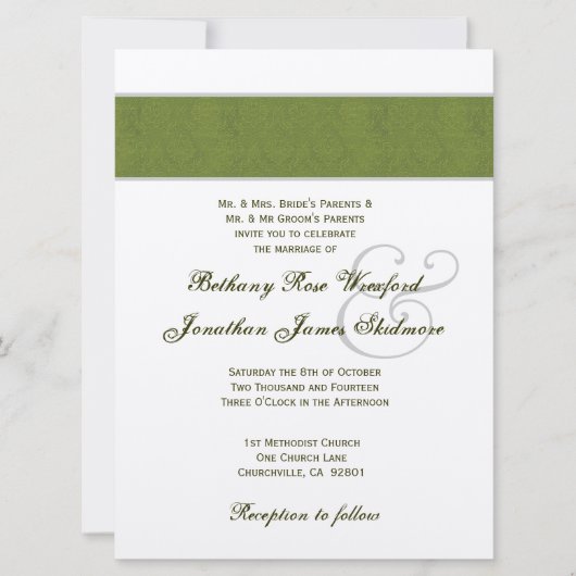 Olive Green Damask en Champagne Metallic Kaart (Voorkant)