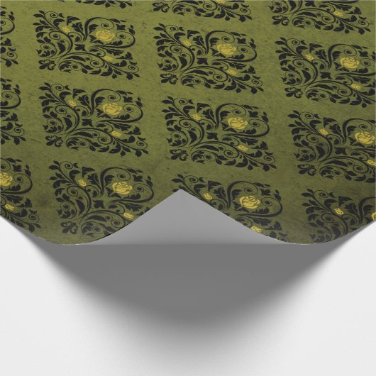 Olive Green Damask Print Rustic Halloween Cadeaupapier (Hoek)