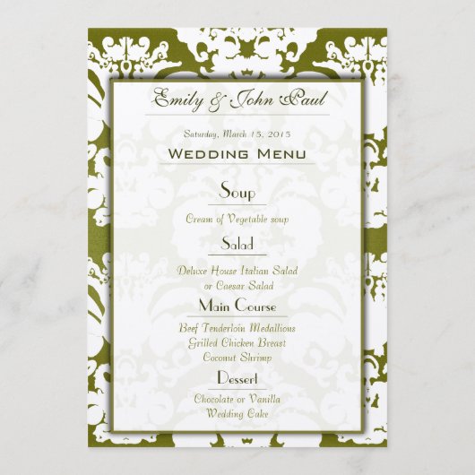 Olive Green Damask Wedding Menu (Achterkant)