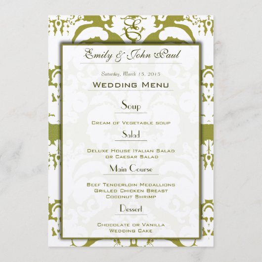 Olive Green Damask Wedding Program Menu (Achterkant)