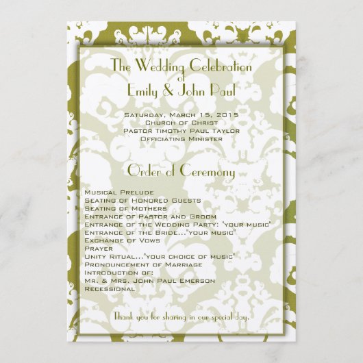 Olive Green Damask Wedding Program Programmakaart (Voorkant)