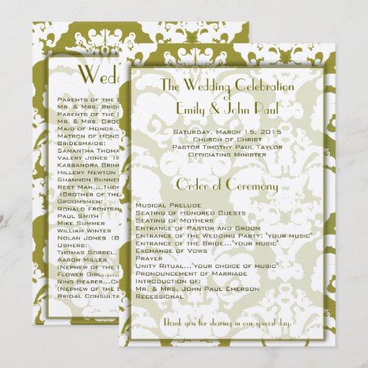 Olive Green Damask Wedding Program Programmakaart (Voorkant / Achterkant)