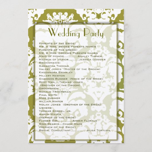 Olive Green Damask Wedding Program Programmakaart (Achterkant)