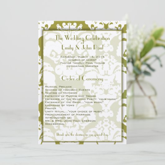 Olive Green Damask Wedding Program Programmakaart (Staand voorkant)
