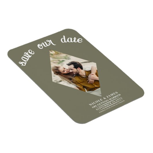 Olive Green Diamond Foto Bruiloft Save the Date Magneet (Rechterzijde)