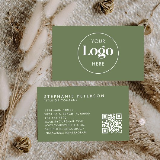 Olive Green Elegant Custom Company Logo QR Code Visitekaartje