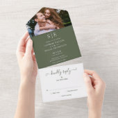 Olive Green Elegant Monogram Foto Weddenschap All In One Uitnodiging (Afscheurbaar)