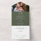 Olive Green Elegant Monogram Foto Weddenschap All In One Uitnodiging (Binnen)