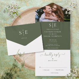 Olive Green Elegant Monogram Foto Weddenschap All In One Uitnodiging
