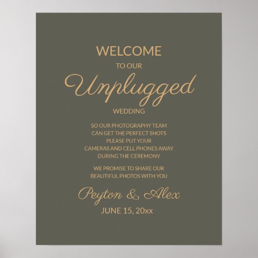 Olive Green Elegant Script Unplugged Wedding Sign Poster (Voorkant)