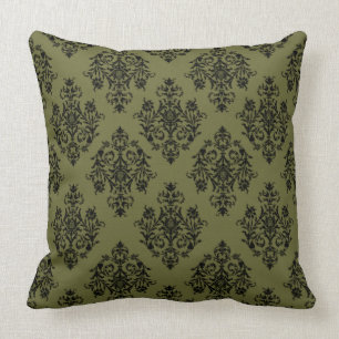 Olive Green en Black Damask Patroon Kussen