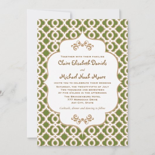 Olive Green en Gold Moroccan Wedding Invitations Kaart (Voorkant)