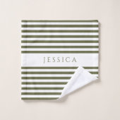 Olive Green Farmhouse Stripe Pattern Gepersonalise Bad Handdoek (Wasdoekje)