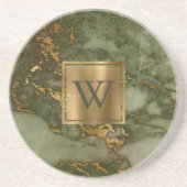Olive Green Faux Marble Gold Monogram Zandsteen Onderzetter (Voorkant)