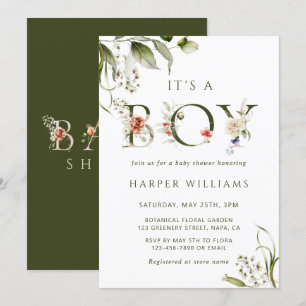 Olive Green Floral Botanical Letter Baby shower Kaart