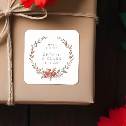 Olive Green Floral Hearts Romantic Wedding Wreath Vierkante Sticker