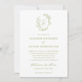Olive Green Floral Line Art Monogram Crest Wedding Kaart (Voorkant)