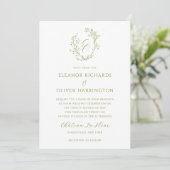 Olive Green Floral Line Art Monogram Crest Wedding Kaart (Staand voorkant)