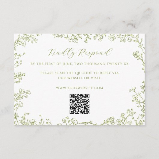 Olive Green Floral Line Art Wedding QR Code Informatiekaartje (Voorkant)