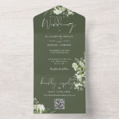 Olive Green Floral QR Code Monogram Weddenschap All In One Uitnodiging (Binnen)